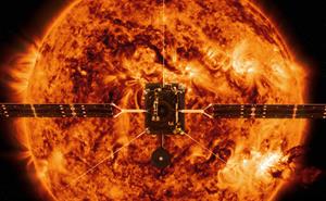 Artists impression of the Solar Orbiter spacecraft in front of the sun