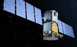 Visualisation of the GIOVE-B satellite in orbit with open solar pannels.