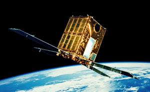 Artist's impression of the Ginga spacecraft. It ilooks like a rectanguar gold box with a cross shaped solar array below.