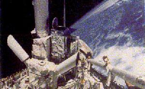 Spacelab 2 in orbit over Earth